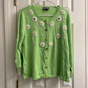 Vintage Berek Beaded Daisy Green Cardigan
